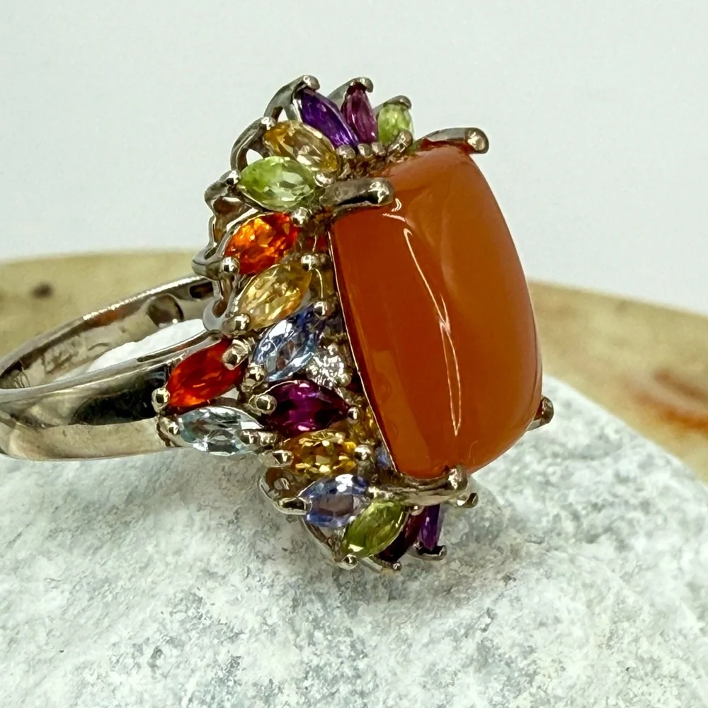 NWT Peach Moonstone & Multi-Gemstone Cocktail Ring 9.85 ctw Platinum Over 925 SS